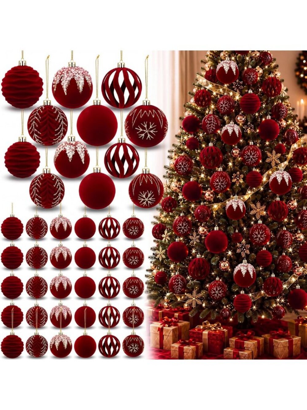 30 Pcs Burgundy Red Velvet Christmas Ornaments Set - Festive Holiday Decor